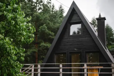 a black house with a triangular roof and a window at Domek Mały Las in Rzyki