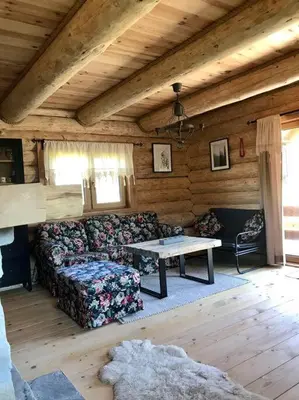 a living room with a couch and a table in a cabin at Chatka_Kasina in Kasina Wielka