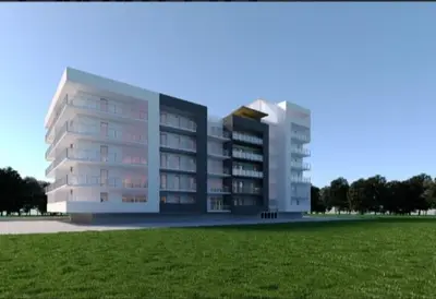 a rendering of a large white building with a grass field at APARTAMENT PRESTIGE OŚWIĘCIM in Oświęcim