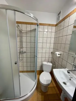 a bathroom with a shower and a toilet and a sink at Dom Wczasowy Anna in Rabka