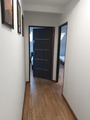 a hallway with a black door and a mirror at Apartamenty MARGO in Chrzanów
