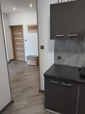 a kitchen with black cabinets and a wooden floor at Apartamenty MARGO in Chrzanów