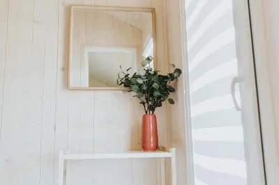 a vase with a plant on a shelf with a mirror at Domki Energylandia Zator Przybradz in Przybradz