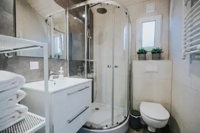 a bathroom with a shower and a toilet and a sink at Domki Energylandia Zator Przybradz in Przybradz