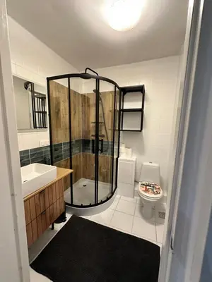 a bathroom with a shower and a toilet and a sink at Dekoratoria Apartments in Kraków