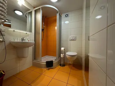 a bathroom with a shower and a toilet and a sink at Kompleks Apartament-Serwis in Kraków
