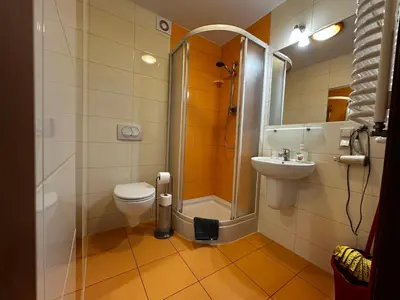 a bathroom with a shower and a toilet and a sink at Kompleks Apartament-Serwis in Kraków