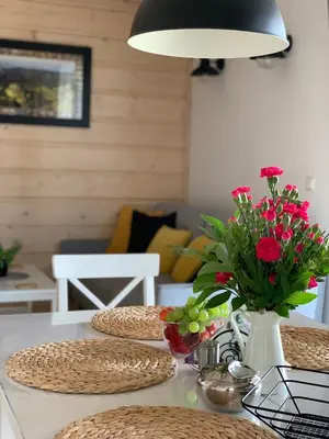 a table with chairs and a vase with flowers on it at ORAWSKA CHATA domek z balią pod Babią Górą in Zubrzyca Górna