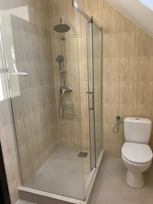 a shower stall with a toilet in a bathroom at Urokliwy Zakątek to apartament tylko dla Państwa in Osiek