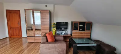 a living room with a couch and a tv at Prywatny pokój z kuchnią i łazienką in Mszana Dolna
