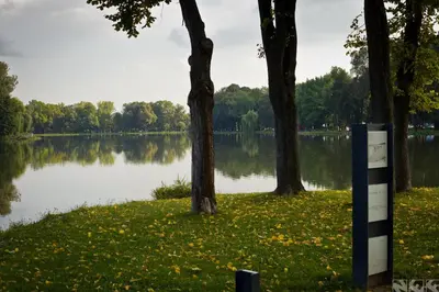 a lake with trees and a sign in the grass at Apartament Nowa Huta in Kraków