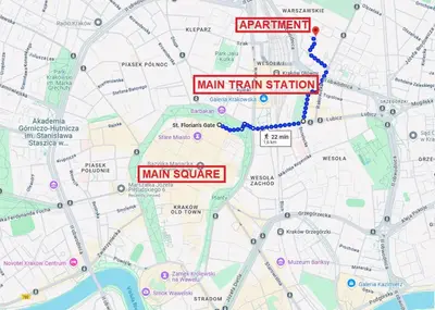 a map of the man train station in main square at Rakowicka Apartments with tarrace, AC and free parking in Kraków