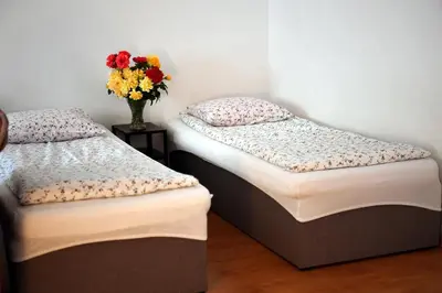 two twin beds in a room with a vase of flowers at Domek pod Zatorem in Ryczów