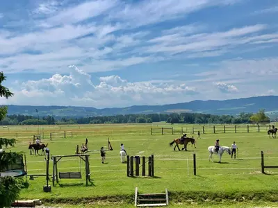 a group of people riding horses in a field at Ranczo Zwierzyniec Noclegi in Jordanów