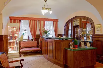 a bar in a store with a chair and a window at Hotel Regent in Kraków