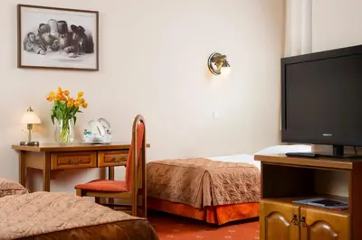 a hotel room with a television and a desk at Hotel Regent in Kraków