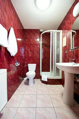 a red tiled bathroom with a toilet and a sink at Hotel Galicya in Kraków
