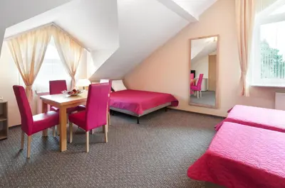 a bedroom with a table and chairs and a mirror at Hotel Petrus in Kraków