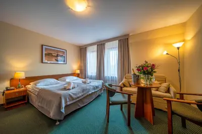 a hotel room with a bed and a table at Hotel City SM Business & Spa in Kraków
