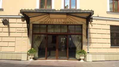 an entrance to a building with two plants in front at Hotel Wawel in Kraków