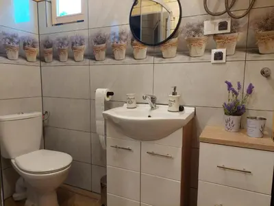 a bathroom with a toilet and a sink and a mirror at Domek Kalilla in Bachowice
