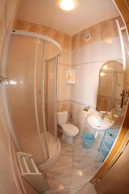 a bathroom with a shower and a toilet and a sink at Hotel Daisy Budget in Kraków