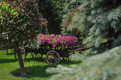 a woman sitting at a table in front of a garden at Booking Hotel & Spa in Kraków