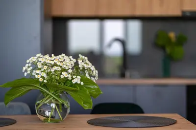 a vase of flowers sitting on a table at Apartament No 34 Green - Holiday Home Zator in Zator
