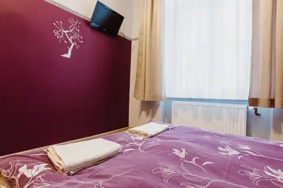 a bedroom with a purple bed with two pillows on it at Hostel Tara in Kraków