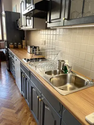 a kitchen with a sink and a counter top at Aparthotel Maria in Kraków