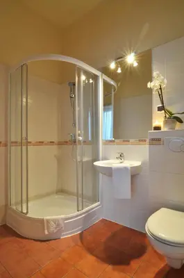 a bathroom with a shower and a toilet and a sink at Mały Kraków Aparthotel in Kraków