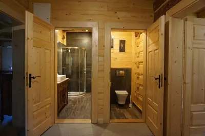 a bathroom with wooden walls and a shower and a toilet at Organistówka in Rabka