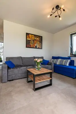 a living room with a couch and a table at Domki Całoroczne PREMIUM Zator ENERGYLANDIA in Zator