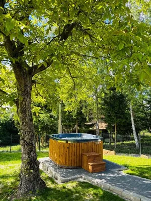 a tree with a wooden tub next to a bench at Dom pod Jabłonką in Stronie