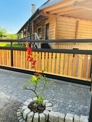 a plant in a pot in front of a house at Dom pod Jabłonką in Stronie