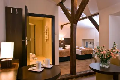 a hotel room with a bed and a table with two chairs at Spatz Aparthotel in Kraków