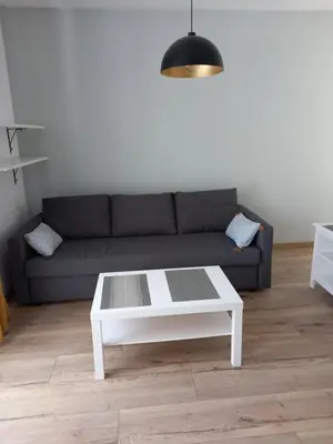 a living room with a couch and a coffee table at Apartament przy Obozie in Oświęcim