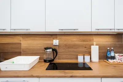 a kitchen with a counter top with a stove top oven at Szpitalna Premium Apartment in Kraków