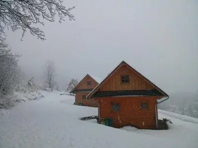 a house with lights on in the snow at night at Domki Pod Dębem in Błądzonka