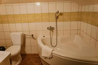 a bathroom with a white tub and a toilet at Domek Bomba Zator Graboszyce in Graboszyce