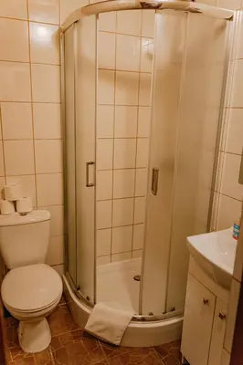 a bathroom with a shower and a toilet and a sink at Domek Bomba Zator Graboszyce in Graboszyce