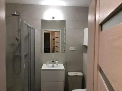 a bathroom with a sink and a toilet and a mirror at Wiślane Tarasy 2.0, free parking, private garden in Kraków