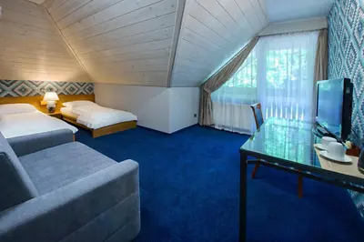 a hotel room with a bed and a couch and a tv at Hotel Zalesie in Bochnia