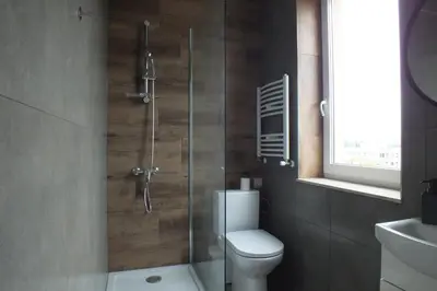 a bathroom with a shower with a toilet and a window at Apartamenty Nila in Kraków