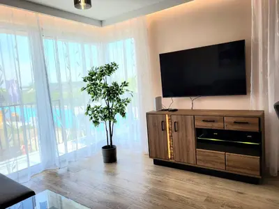 a living room with a television and a potted plant at Eksclusive Apartment PARADISE DOWN TOWN 6 persons 3 rooms in Kraków