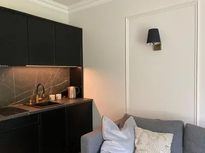 a living room with a sink and a couch at Kraków Green Hill Luxury Apartment in Balice