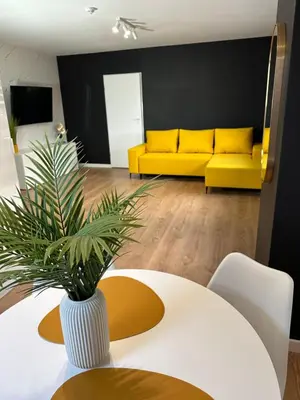 a bedroom with a large bed and a mirror at Apartamenty Avia - Energylandia Zator in Spytkowice