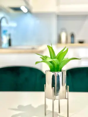 a plant in a silver vase on a table at Modern Green Apartment in Kraków
