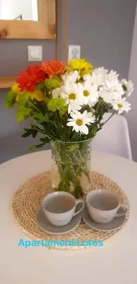 a vase of flowers sitting on a table with two cups at Apartament Lotos in Zator
