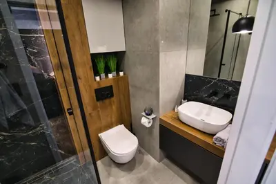 a bathroom with a toilet and a sink at Apartament dla dwojga in Zator